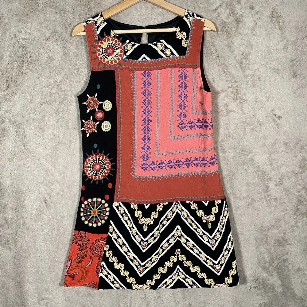 Desigual Creta Dress 38 Boho Embroidered Mixed Print Eclectic Ethnic Patchwork - Picture 4 of 16